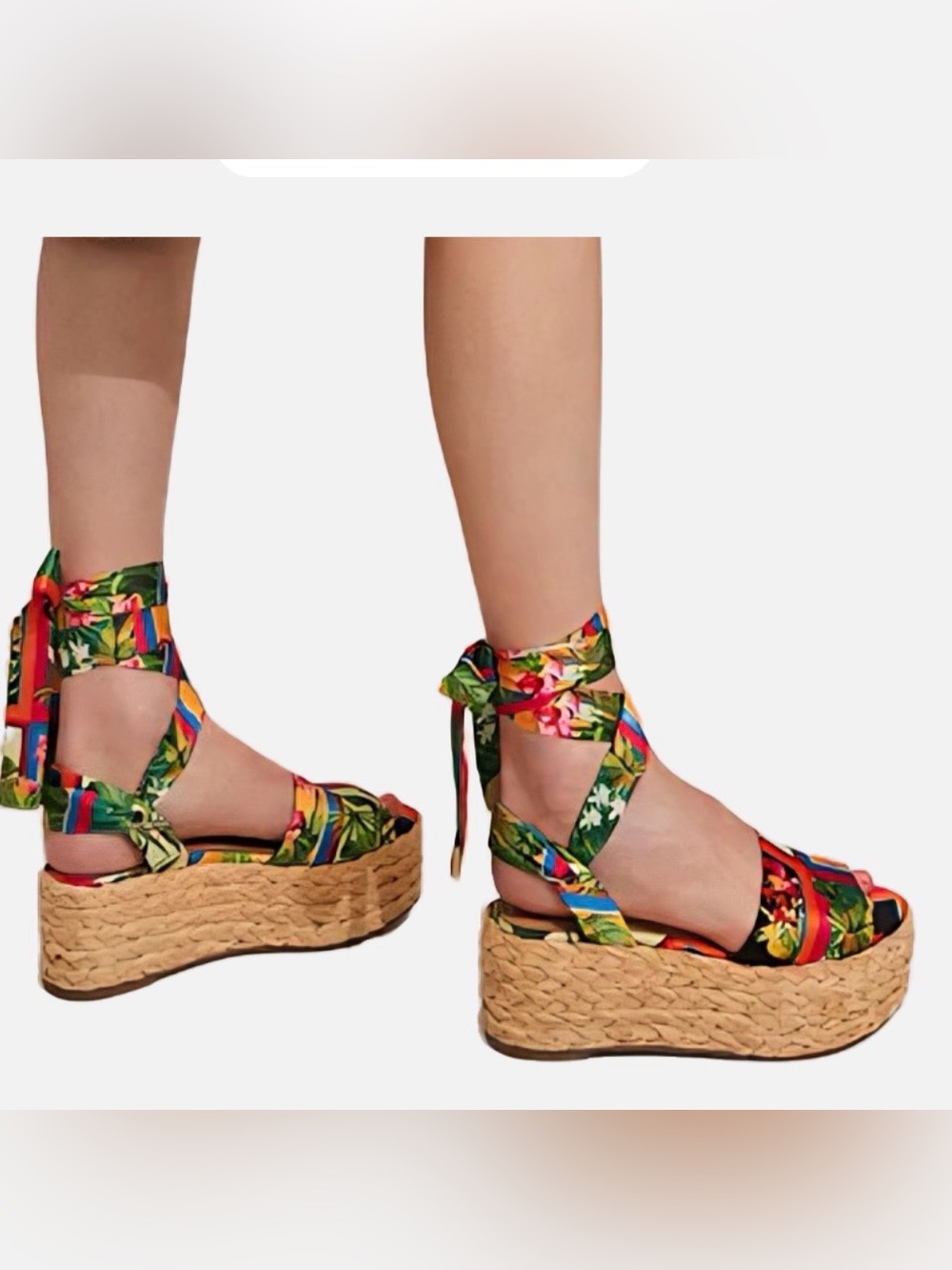 INC Fletcherr Green Pink Tropical Print Espadrille Platform Ankle Wrap Sandals
